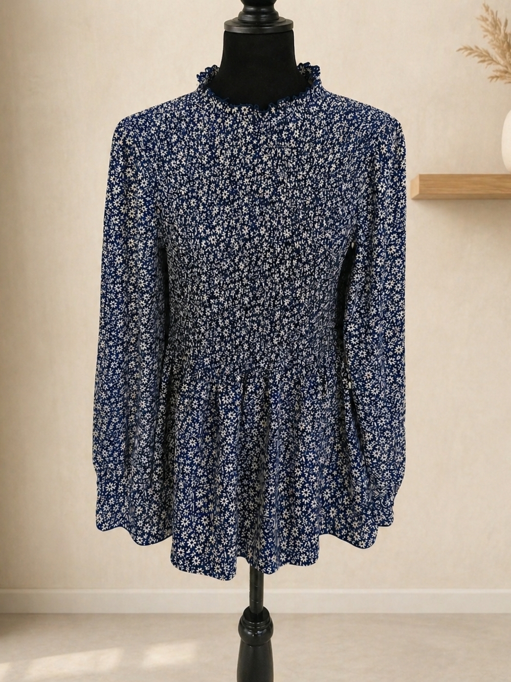 Smocked V-Neck Women's Top in Navy and White